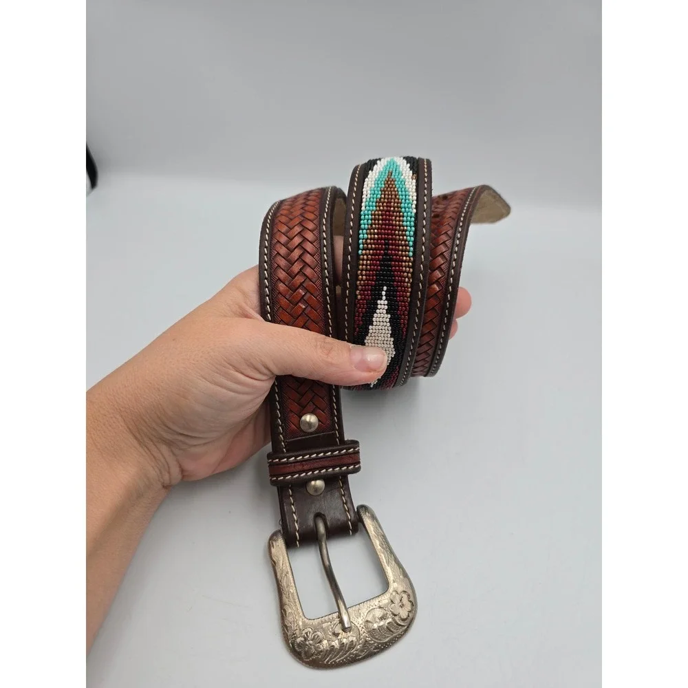 Beaded Leather Belt Mens 34 Brown Hand Tooled Basketweave Western
